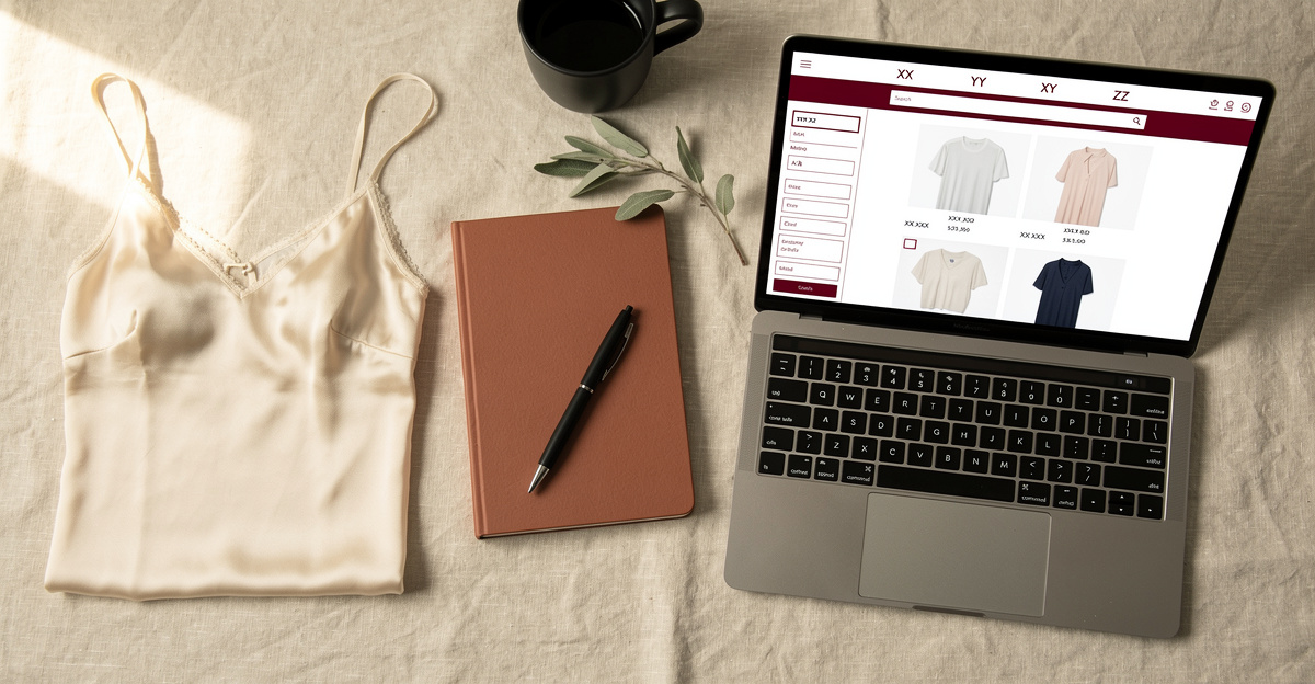 Flatlay of laptop, notebook and silk camisole